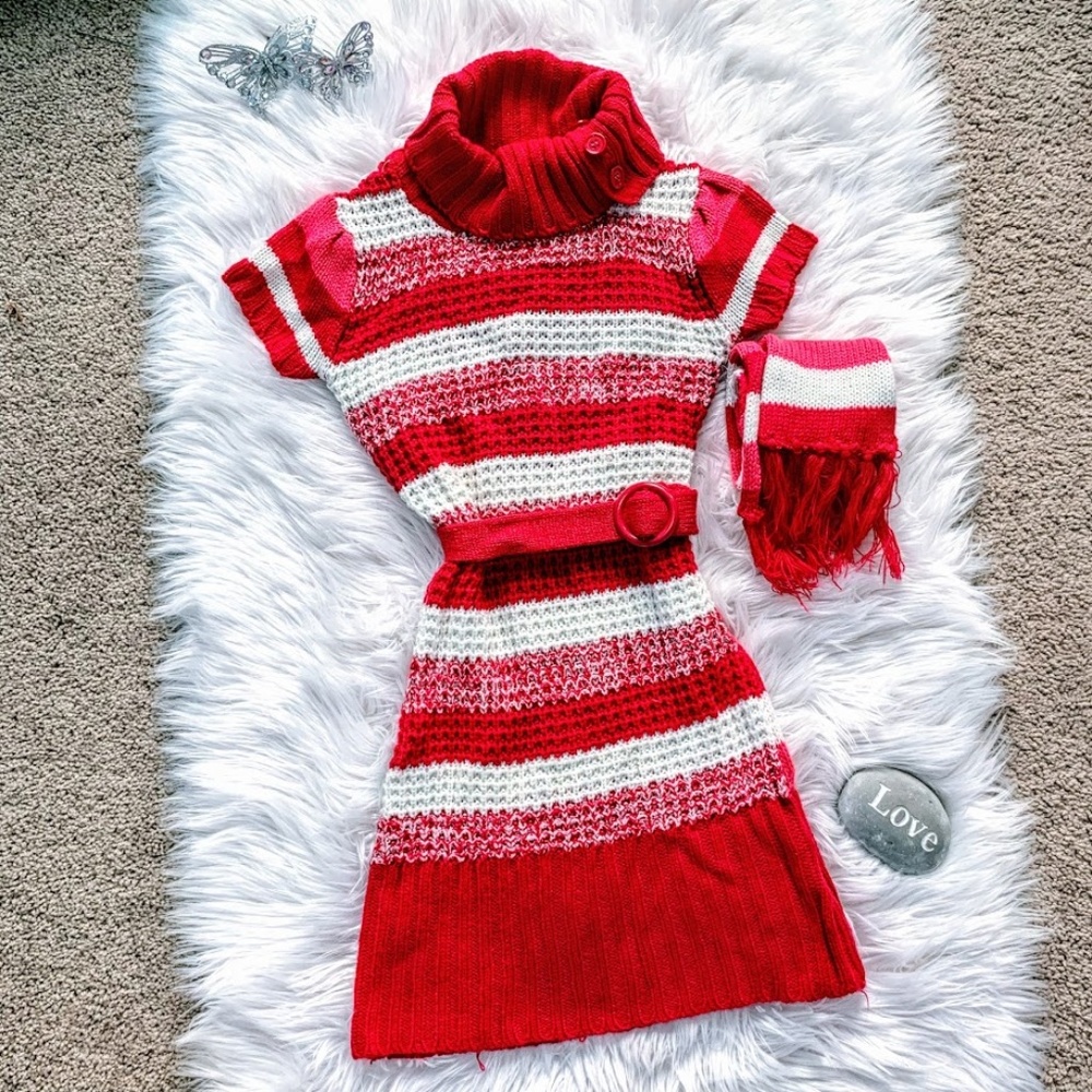 Chillipop Red Striped Sweater Dress & Scarf Large 14-16